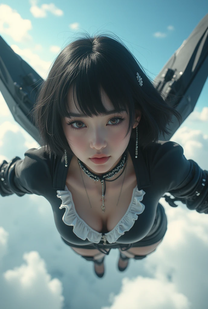 (Highest quality)), ((masterpiece)), (Very detailed: 1.3), 3d, {(Japanese young girl)}, A Japanese girl wears a gothic outfit with white frills under her armor, wears a futuristic Gundam mecha,(Gundam), With headgear, With V fin , Armored Shoulders,Armed, Armor under the feet, Multi-layer texture perfect ratio, Octane Rendering, Duotone Lighting, Low ISO, wide aperture, White balance, Three-part method, Ultra HD 16k, High resolution (High Dynamic Range), Ray Tracing, NVIDIA, Super Resolution, Scattered beneath the surface, PBR Texturing, Post-processing, Anisotropic Filtering, Depth of written boundary, Maximum clarity and sharpness, Highly efficient subpixels, Subpixel Convolution, Particles of light, Scattered Light, Tyndall effect, whole body:1.5, Flying Pose, cute, (cute:1.2), (Bobcut:1.3),Braid, Black Hair, Thick eyebrows, Light-colored irises, Big, bright black eyes, Long eyelashes, Small, light-colored, natural lips, (The average face of the Japan idol), (日本人特有のBaby Face:1.3), (Baby Face), Wide forehead:1.2, Plump Cheeks, Small jaw, Visible side boob, (Mechanical Wings),In the sky,(Shoot in the back:1.5),(Shooting from below), Recall,View your viewers,Focus on the eyes ,Looking up at her from the soles of her feet,Leg spread,
