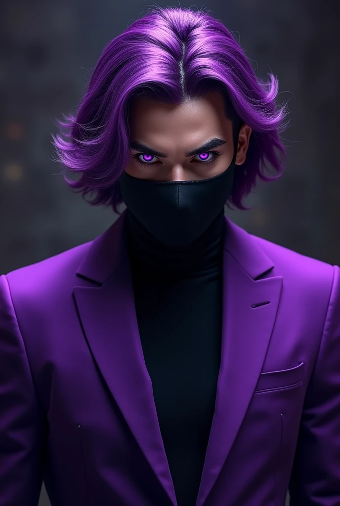 A man with a purple suit, purple hair falling forward, bright purple eyes, purple with a black criminal mask 