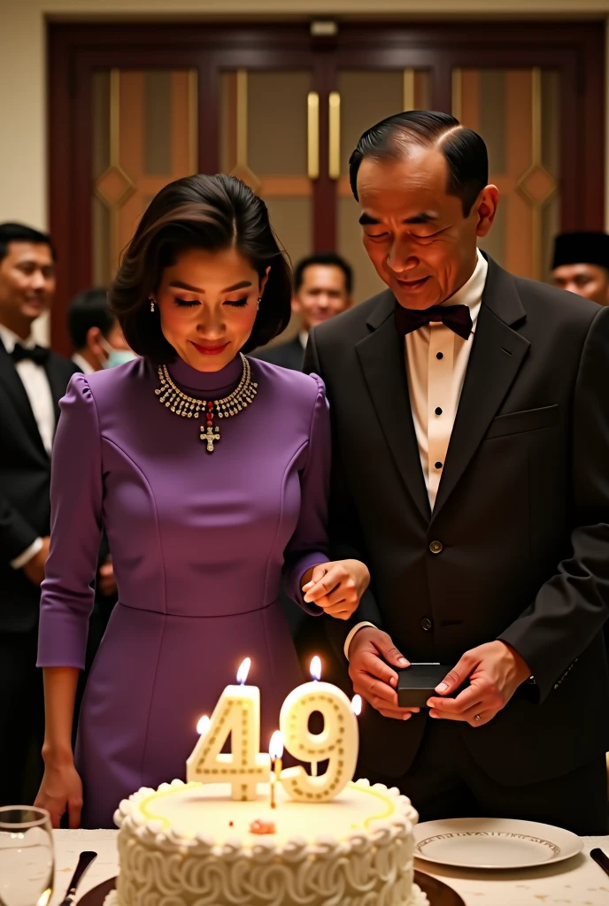 dinner celebrating the 49th birthday of an Indonesian woman,  attended by President Joko Widodo. In front of them was a birthday cake with the word 49 written on it with the number 49 candles..  There is writing "For Diah". They were both dressed in high class formals. The woman is wearing a purple high neck dress and wearing a diamond necklace with a cross on the end.. The woman&#39;s position is blowing out the candles.  President Joko Widodo gave a birthday present to the woman. Around them the guests shook hands. Super realistic photos. UHD image. Pose facing the camera