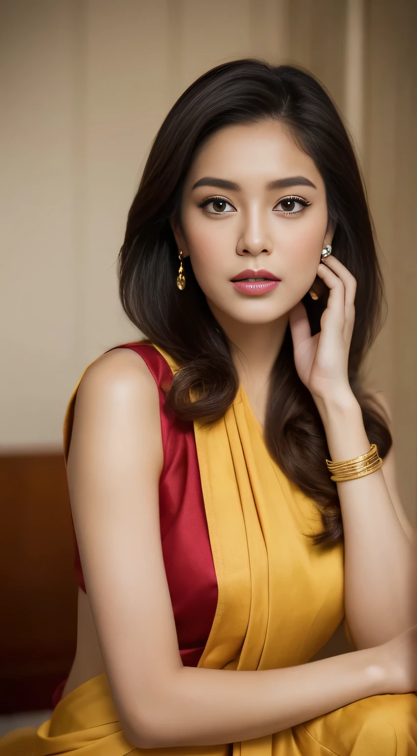 In this exquisite photograph, a young woman radiates grace and poise as she sits elegantly on a bed, draped in a captivating traditional Indian saree. The rich mustard yellow of the saree beautifully contrasts with the vibrant red and gold border, creating an aura of opulence. Her red blouse, with its deep neckline and central hook closure, adds a modern touch to her ensemble. Soft waves of her dark hair frame her face, adorned with a small bindi, accentuating her cultural charm.
Her minimal yet tasteful accessories, consisting of a delicate pair of earrings and a simple bracelet, complement her understated makeup, which highlights her expressive eyes. Her right hand gently tucks her hair behind her ear, while her left hand rests on her waist, holding a portion of the saree. The simple setting of a white