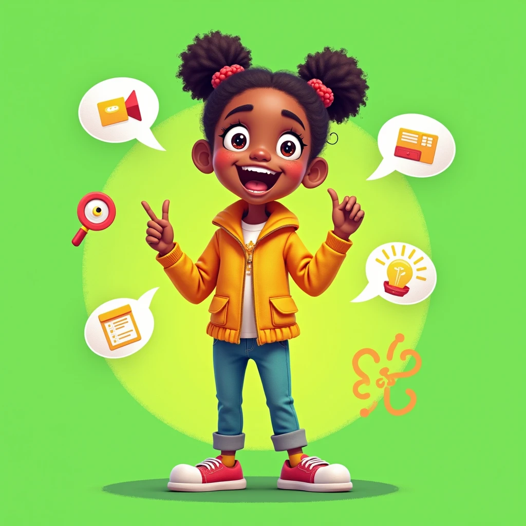 In this illustration, a smart and cheerful young girl stands in front of a bright green background. She is dressed in vibrant clothing that complements the lively setting. Her face is lit up with a wide smile, sparkling eyes, and an expression of excitement and confidence. Her right hand is raised, as if she's enthusiastically explaining something. Surrounding her are additional visual elements such as speech bubbles or educational icons that represent the topic she is discussing, enhancing the impression of her cheerfulness and intelligence.