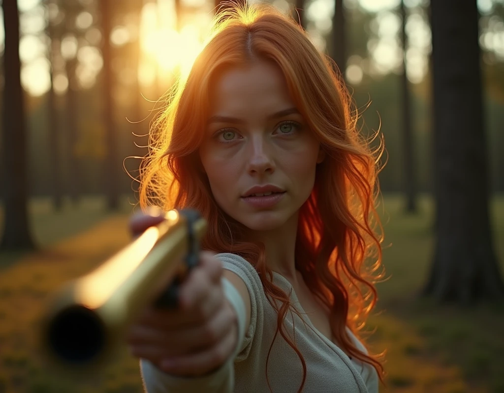 LOW ANGLE SHOT OF GINGER PALE WOMAN AT AGE OF 30 WITH BLUE EYES, Holding a Shotgun made of gold at the FOREST , surreal artwork, Impermanence, retro influences. shallow depth of field, 100mm f/3.4, natural light, cinematic, widescreen aspect ratio, Cinematic Dramatic,, volumetric dtx, (film grain, blurry background, blurry foreground, bokeh, depth of field, sunset, interaction, Perfect chainmail) bright lighting, photorealistic rendering, advertising photograph look and feel. Super High ultra resolution, hyper photorealistic, 255K, super hyper, Sony A7S Ill, f/ 9.0, 1/400. sharp-focus, megapixel.