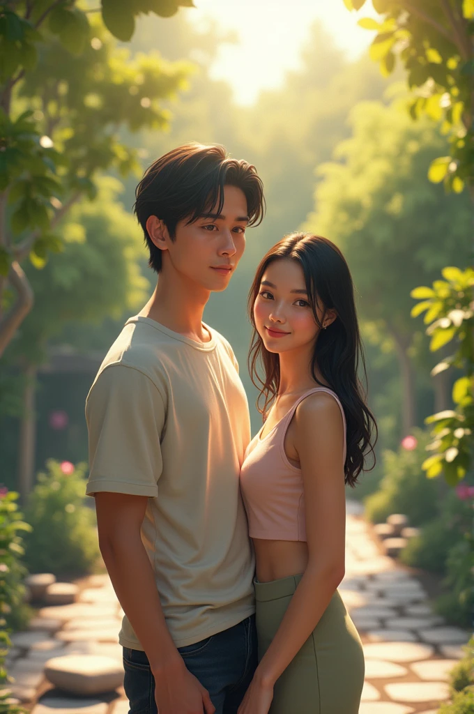 tall Mexican young man, shoulder length hair, and beautiful young Asian woman, her hair is very straight and long, looking at the camera, smiling, sunny day in a zen garden ( they wear simple casual clothing)