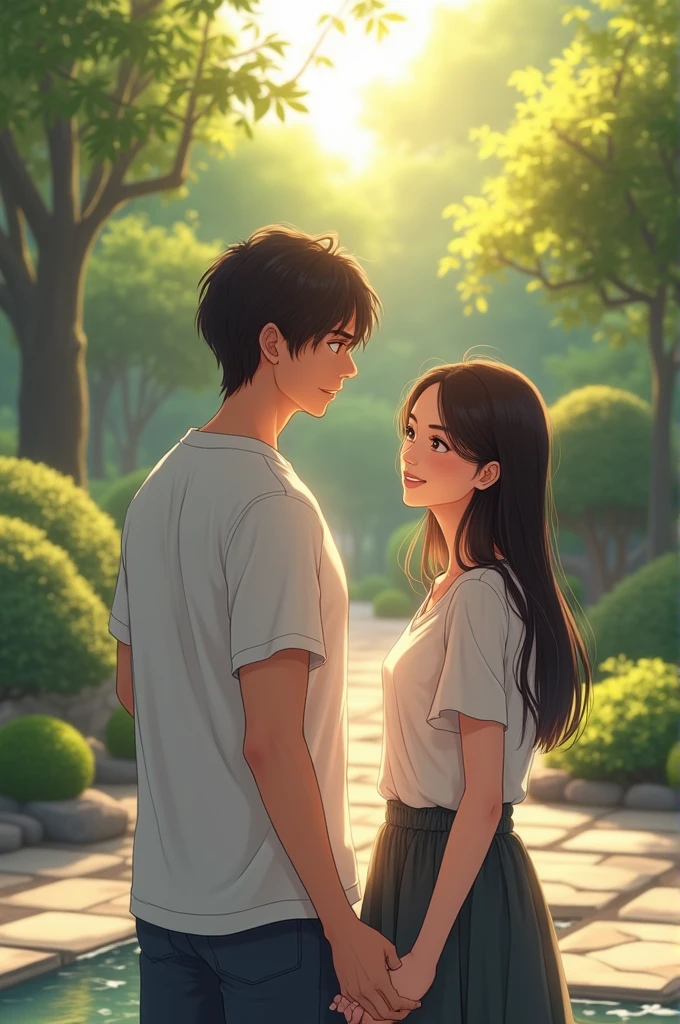 tall Mexican young man, shoulder length hair, and beautiful young Asian woman, her hair is very straight and long, looking at the camera, smiling, sunny day in a zen garden ( they wear simple casual clothing)