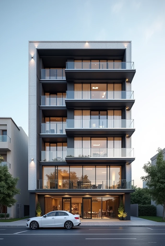 ((best quality)), ((masterpiece)), (detailed), perfect facade architecture , commercial facade architecture , contemporary minimal exterior view , high qulity rendering architecture ,sunny  day ,  , 6th floors , white and black  stone material , in the city in tehran , a car parked in front of the building ,  high detail , modern architecture