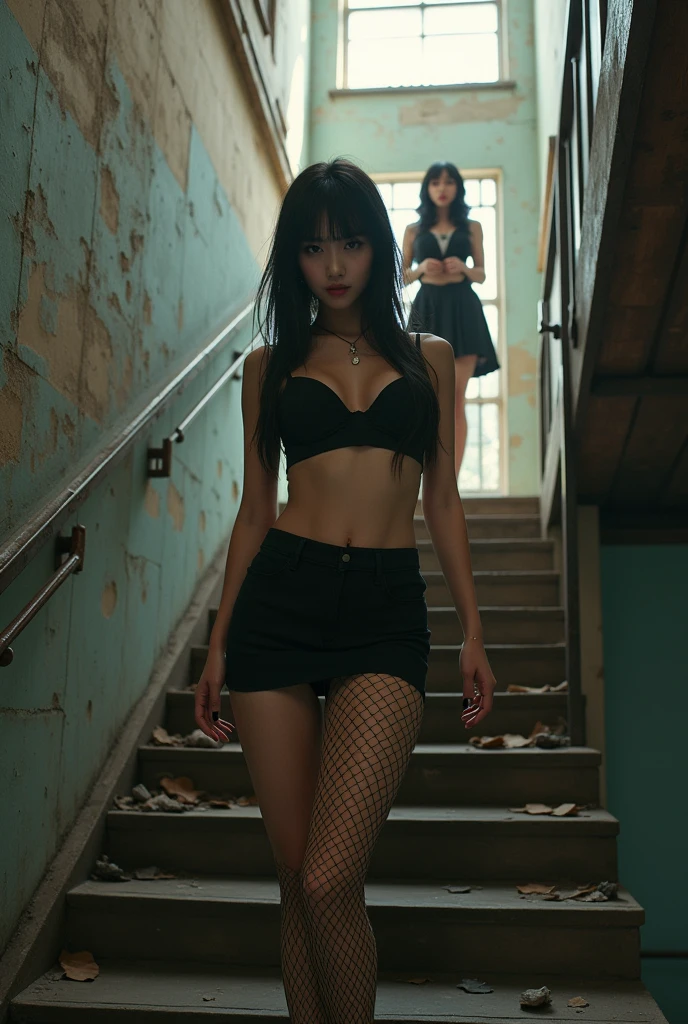 (Old and shabby building stairs).Korean female girl group.realistic.perfect person.(Go up the stairs and look back).A woman with sexy pelvis.black short mini skirt.fishnet stockings.Tight-fitting bra top.(full body shot).
(Sticking out your hips).A female student wearing a dress stands in front of the woman.. A school girl with huge breasts.