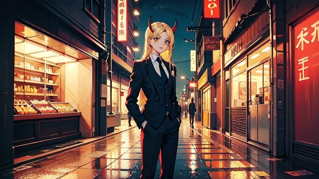Create a digital illustration in the style of 90s anime art. The character should resemble a young woman with long blonde hair, yellow eyes, and red horns, wearing a white shirt and black tie. She should be standing in a neon-lit city street at night, with vibrant signs and glowing lights reflecting off the wet pavement. The background should capture the essence of a bustling urban environment, with a mix of modern and retro elements, all rendered in the distinct, detailed, and slightly grainy style typical of 90s anime.