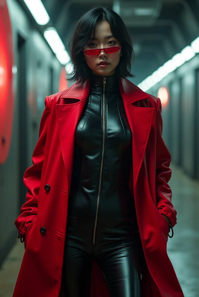 a beautiful Asian woman with short black hair, detailed facial features, wearing a sleek black leather futuristic suit, a vibrant red trench coat, and advanced cyberpunk-style glasses, cinematic lighting, dramatic pose, gritty cyberpunk environment, intricate details, photorealistic, 8K, masterpiece, (best quality,4k,8k,highres,masterpiece:1.2),ultra-detailed,(realistic,photorealistic,photo-realistic:1.37),professional,vivid colors,HDR,UHD,physically-based rendering