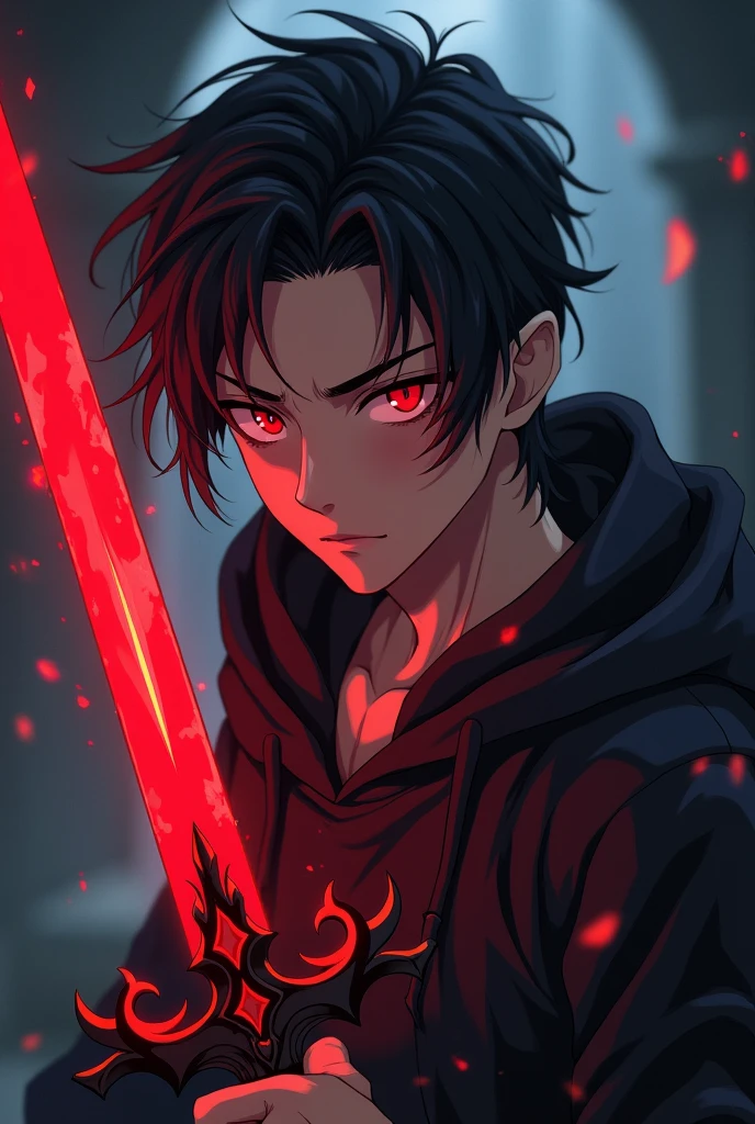 Generate an anime-style character with a half-elf appearance, with a medium sized dagger with a red aura, This character has powers to control darkness and dark, scary eyes., this character has to be a man, Youngh, and with a somewhat strong physique