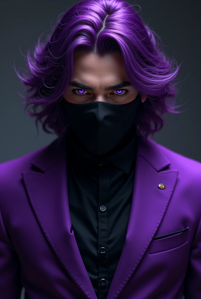 A man with a purple suit, purple hair falling forward, bright purple eyes, purple with a black criminal mask