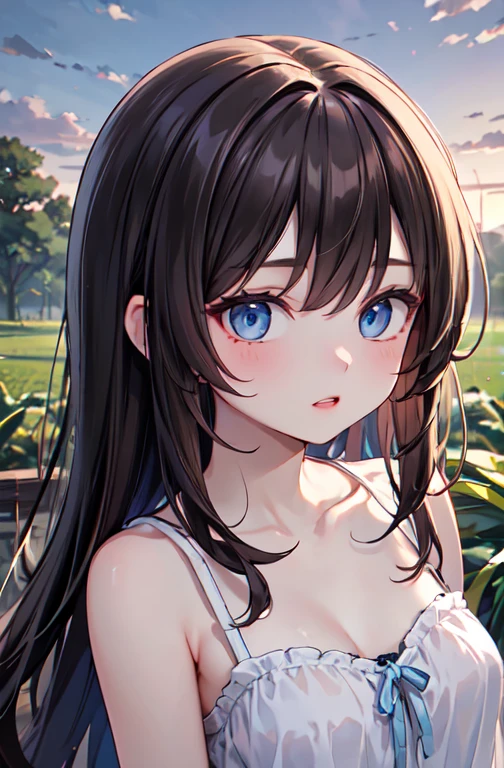 (in 8K、Raw photography、top-quality、​masterpiece:1.2)、Illustration Touch、ultra-detailliert、超A high resolution、1 girl in、dark brown  hair、azure eyes、poneyTail、Blue scrunchie、耳Nipple Ring、faces、Speciality、a smile