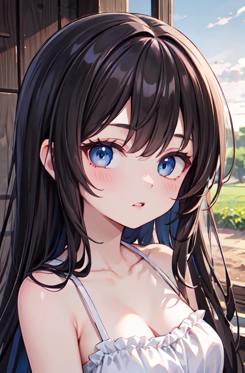 Absurd, Very detailed,Bright colors,(8k:1.3),Masseter region,Beautifully detailed face and eyes, 20-year-old, Masseter region、camisole、Long Hair、Brown Hair、blue eyes、Dark lips、Short-term chest、Summer Morning、Corn Farm