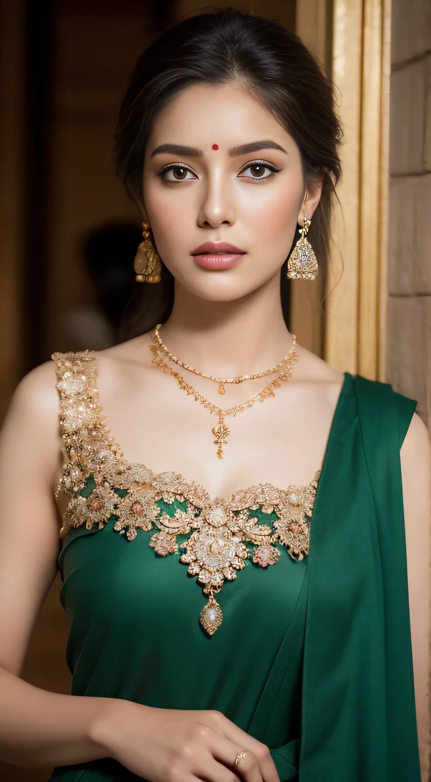 An image of a woman adorned in traditional Indian attire, exuding elegance and grace. She wears a white, sleeveless blouse, cinched at the waist with a golden band, paired with a deep green, flowing saree. Her long, dark hair is styled with a garland of white flowers, cascading down her back. A stunning array of gold necklaces, including a statement pendant, rests on her collarbone, adding a touch of opulence. The woman's posture is poised and confident, her gaze directed away from the camera, creating an air of mystery and allure. The image captures the essence of traditional Indian beauty and the intricate artistry of the garments.