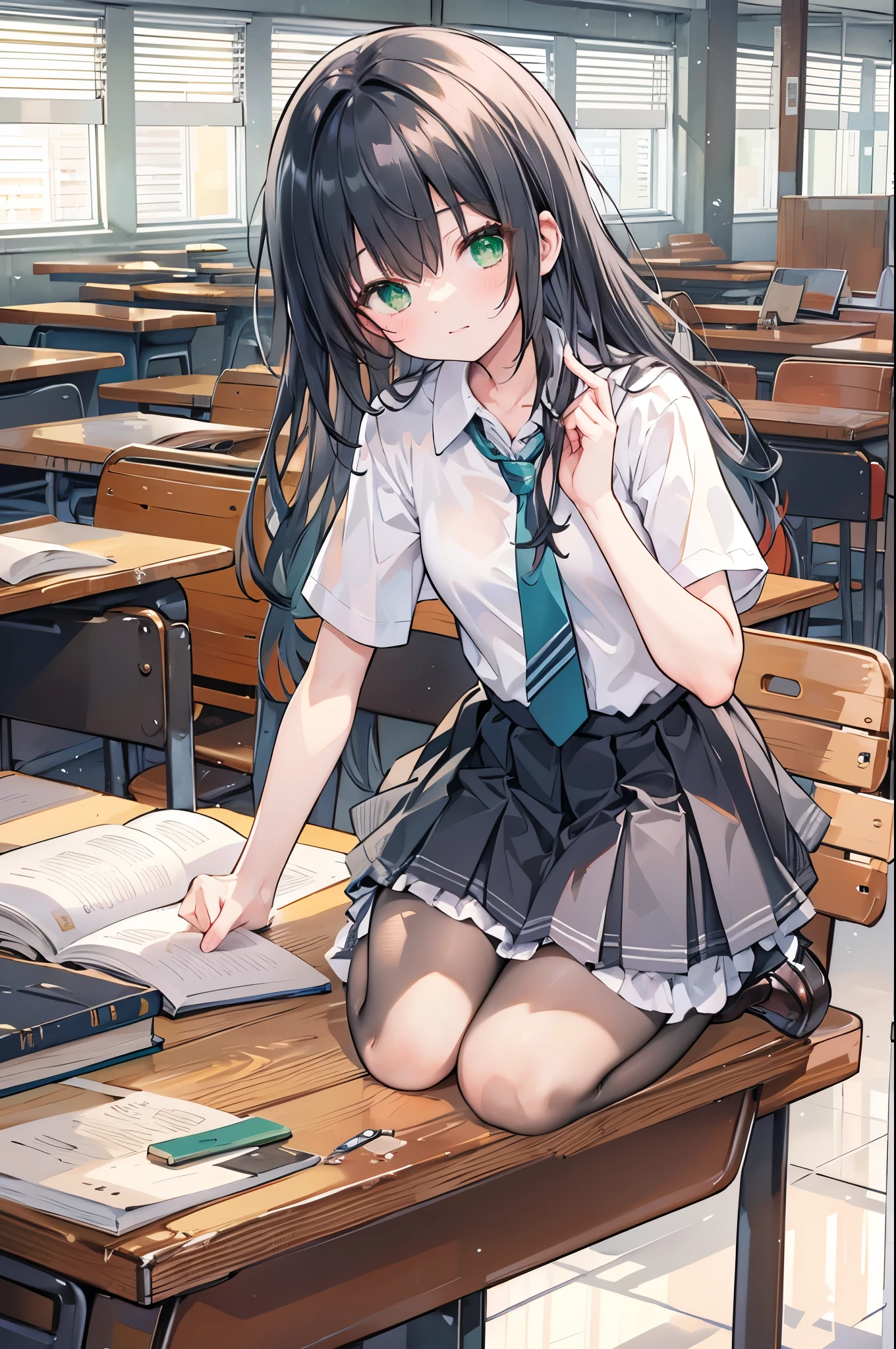 ((Highest quality, 8k, masterpiece: 1.3)), whole body,1 personの,1 person,,Glamorous Body,cute,Untidy look,Black Hair,Beautiful emerald green eyes,Long Hair,((Close your eyes)),((White short-sleeved blouse,tie)),((Green pleated mini skirt,loafers)),((In the classroom,Sit on a chair,He buried his face in the desk.)),