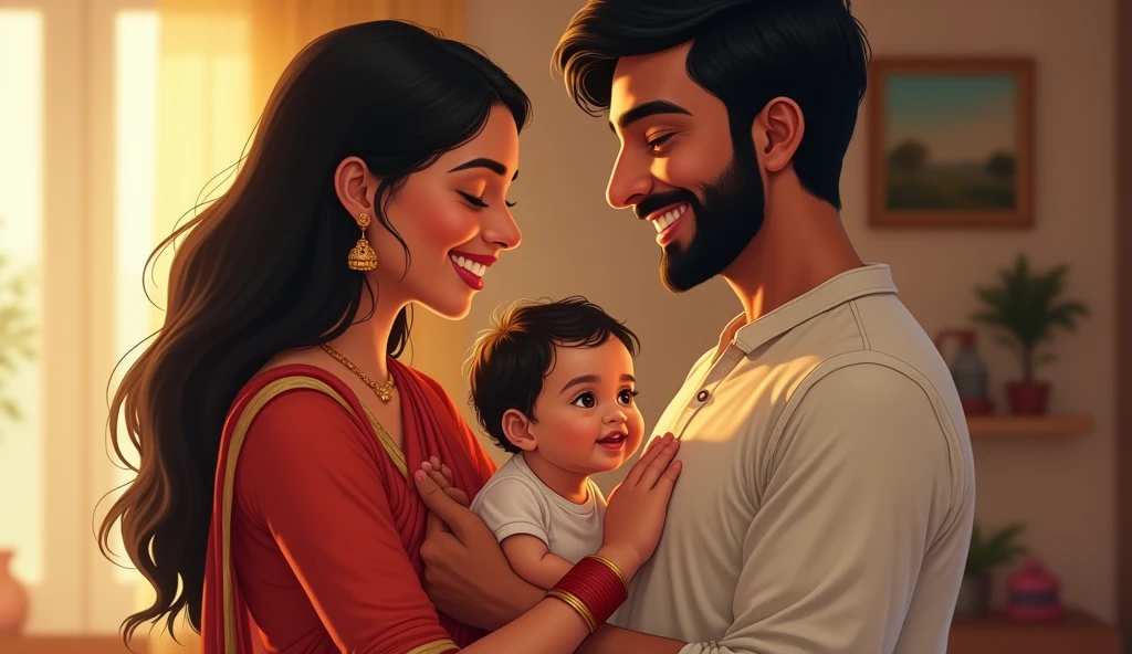 மிகவும் சந்தோஷமான இந்திய குடும்பம் , அழகான ஆறு மாத குழந்தையுடன் தாய் மற்றும் தந்தை