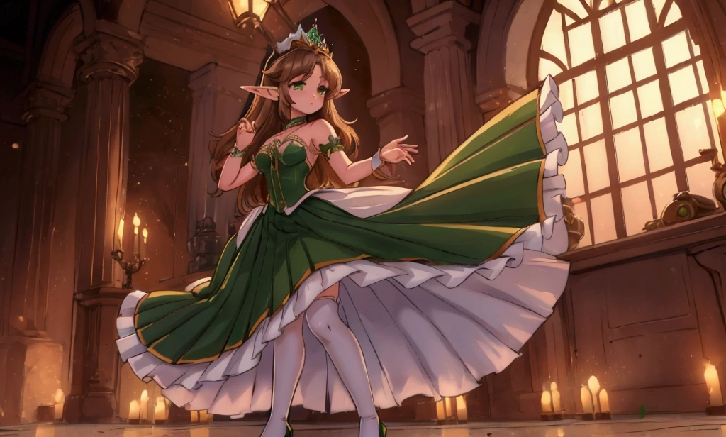 high quality, 8k quality, ultra detail, 1girl, Makeup, highest quality, light brown hair, emerald green eyes, high heel shoes, princess dress, standing pose, full body shot, beautiful face, soft expression, bare legs, pleated skirt, elf ears, tiara, 2large legs, large thighs,