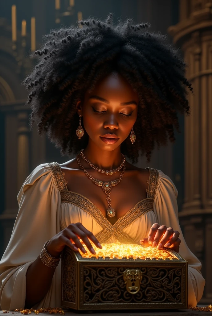 Curly hair pretty Black woman with medieval style opening a treasure.