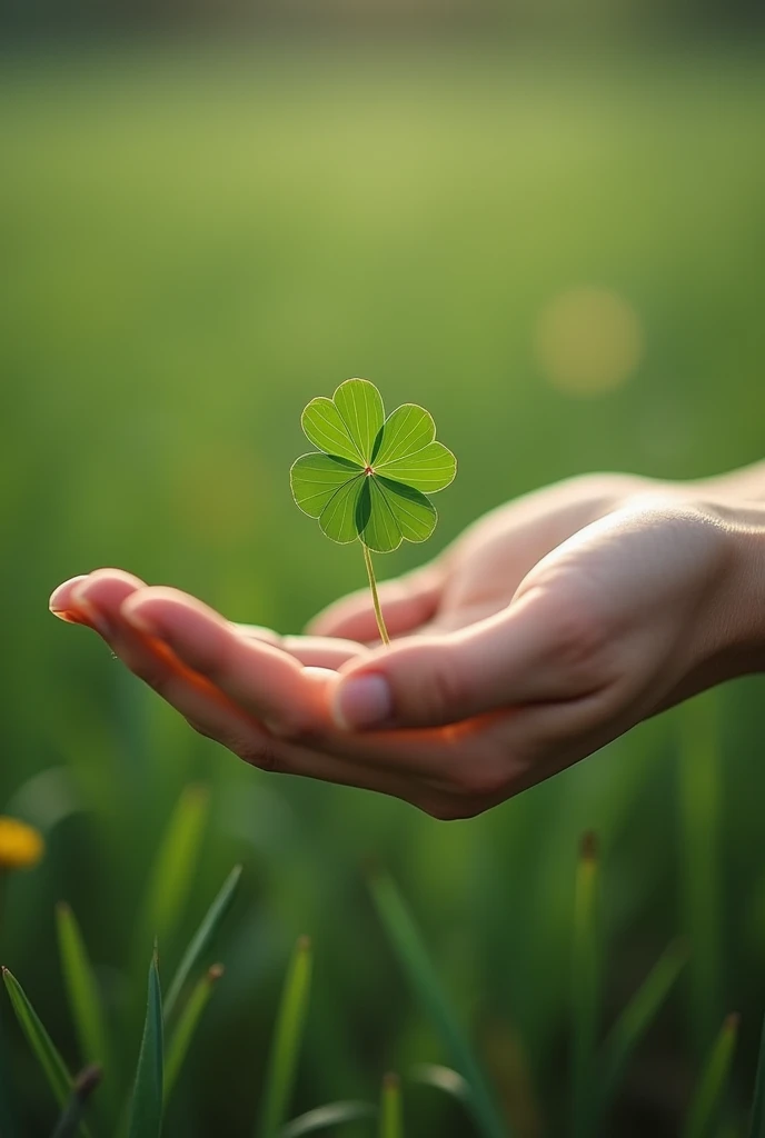A four-leaf clover in a palm with a blurred grass field in the background