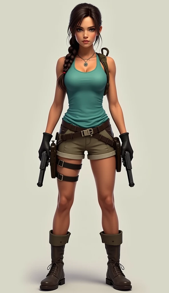 (wide shot,full body photo,in front)(8k, RAW photo, best quality, naked,masterpiece:1.2), (realistic, photo-realistic:1.4,Full body shot, 8k, isolate subject for illustration,Lara Croft, the iconic protagonist of the Tomb Raider series, is known for her distinctive and athletic appearance. Here is a detailed description of her with a focus on her physical attributes: Hair: Dark brown, often styled in a practical braid or ponytail, reflecting her adventurous lifestyle. Eyes: Brown, conveying intelligence and determination. Skin: Tanned, showing the effects of her outdoor adventures and physical challenges. Outfit: Her classic outfit includes a turquoise tank top, light brown shorts, calf-high boots, and fingerless gloves. She also wears a utility belt with holsters for her dual pistols, and sometimes a backpack for her gear. Accessories: She is often equipped with various tools and weapons, including her signature dual pistols, a climbing axe, and sometimes a bow. Physique: Athletic and muscular, showcasing her agility, strength, and endurance. Her physique is well-toned, reflecting her rigorous training and physical activities. Expression: Confident and focused, with a hint of curiosity and resilience, embodying her fearless and intelligent nature. Lara Croft’s appearance is a blend of classic heroism and modern athleticism, making her one of the most recognizable and influential characters in gaming,in a themed setting
