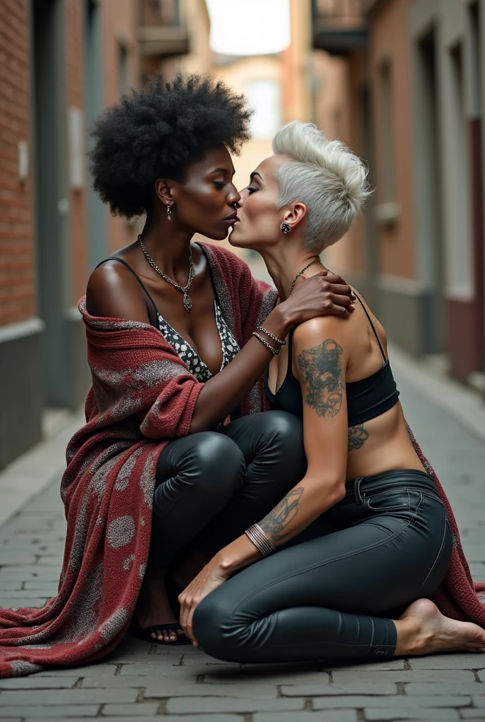 Black very old african woman kisses agressively a white pale weak and thin rocker woman, both squatting on an apartment decorated in Scandinavian style