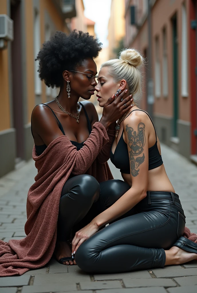 Black very old african woman kisses agressively a white pale weak and thin rocker woman, both squatting on an apartment decorated in Scandinavian style 