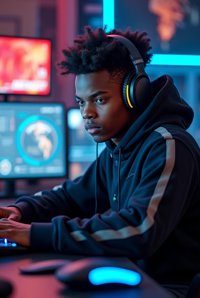Profile of a young, overpowered black gamer with a hoodie and a modern gadget in front of his screen in a hyper-equipped room 