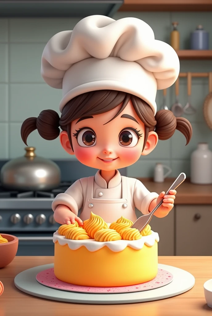 A girl make a 12.5kg LPG Gas cylinder  design simple one layer  cake.she wear the chef hat

