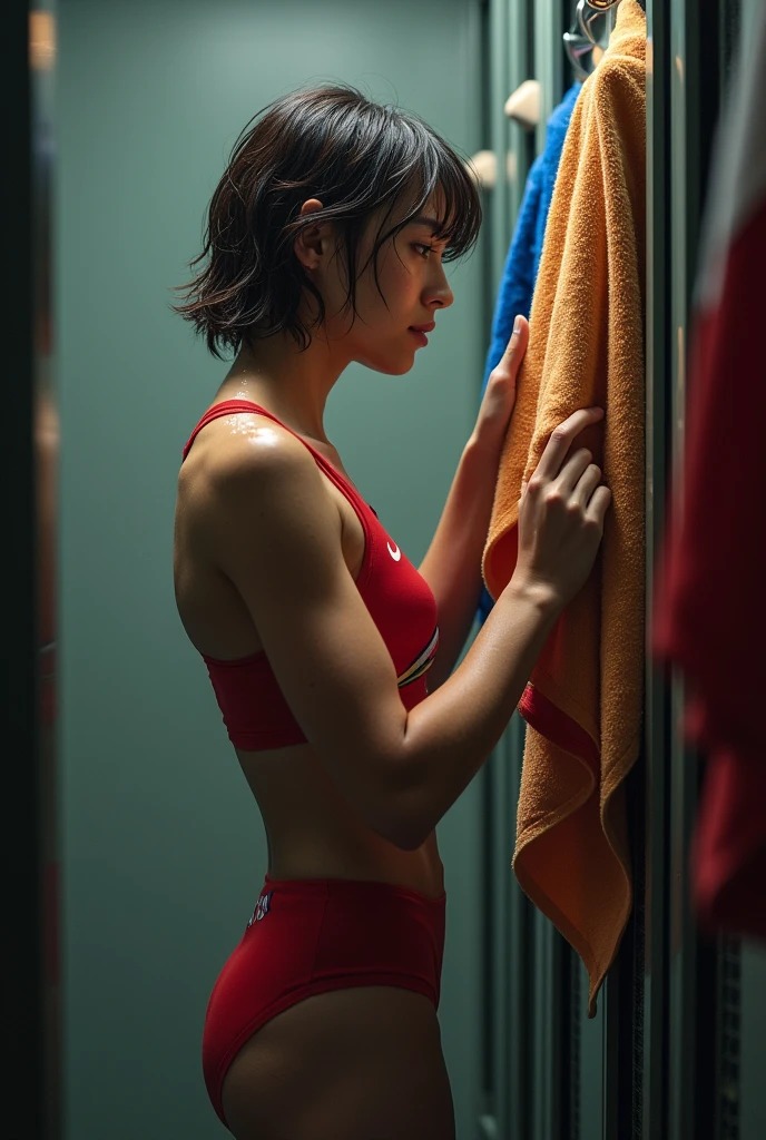 A frightened girl in a sports bra standing in a locker room. Pixie cut