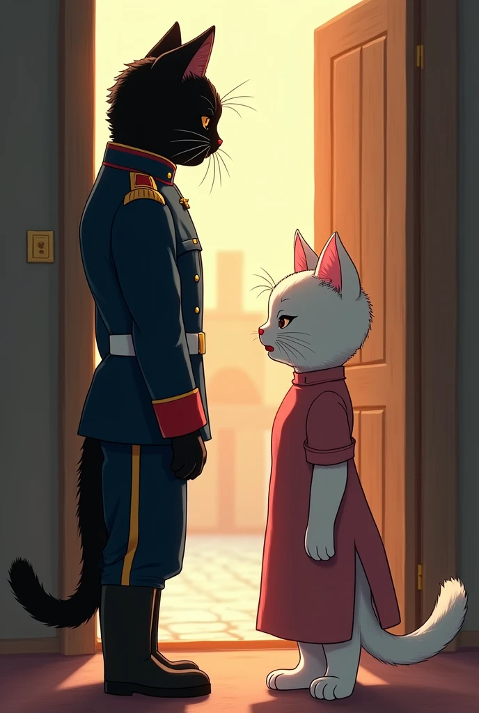 Image 10**: It's the next morning, and the long height black cat is dressed in a smart army uniform, ready for duty. He is standing at the door, while the rainbow-colored white cat, wearing her one-piece dress,and use red lipstick looks at him with a mix of pride and sadness.