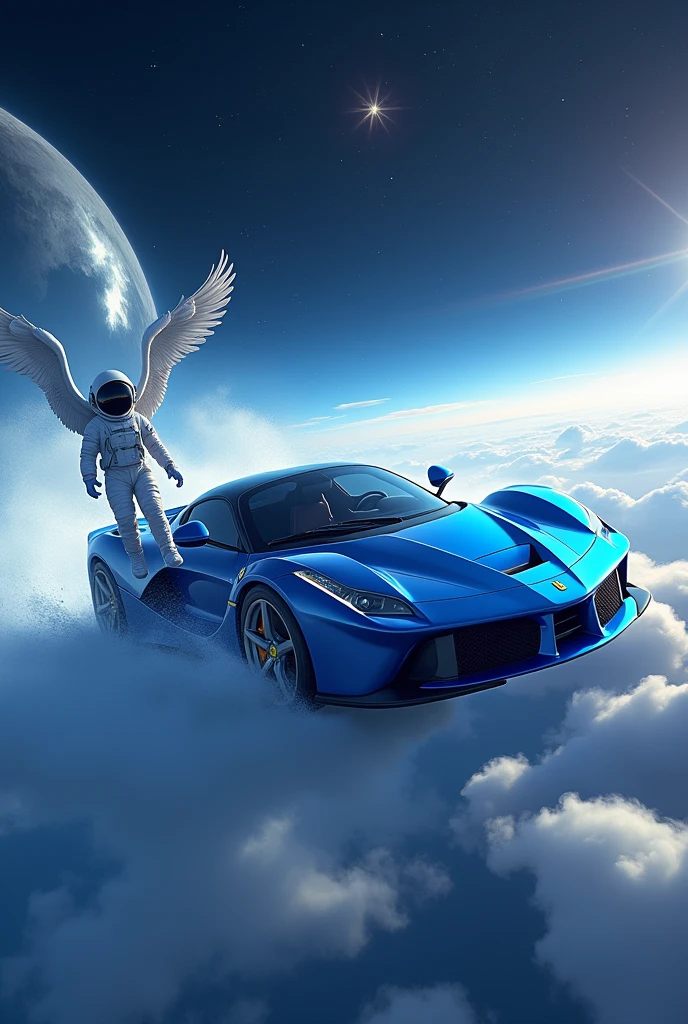 A blue ferrari car flying in the sky beside the star and other astronoist with his wing