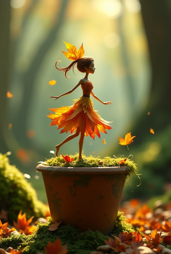 A whimsical miniature figure composed of delicately arranged autumn leaves, poised in a carefree dance on the rim of a weathered, moss-covered terracotta pot, set against a lush, vibrant forest backdrop, where dappled sunlight filters through the canopy above, casting intricate shadows. The overall aesthetic is ethereal, with warm, earthy tones of sienna, umber, and olive green, infused with hints of emerald and golden light, evoking a sense of wonder and enchantment, as if plucked from a

fantastical realm.