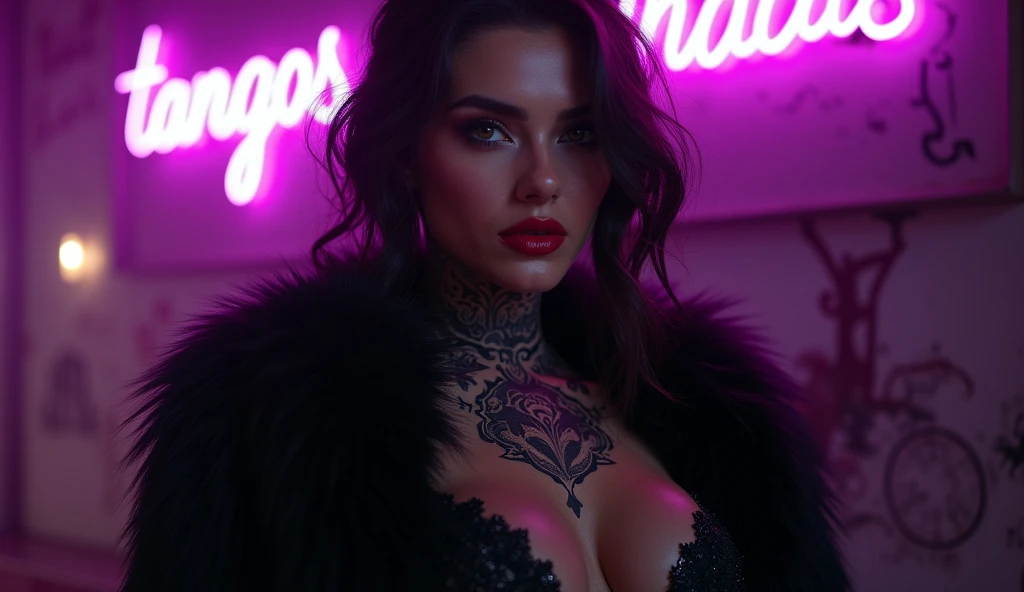 Sexy woman, black fur, sensual face, sexy clothes and neck tattoo with backlights and a purple sign that says the text "Tangos Vandals"