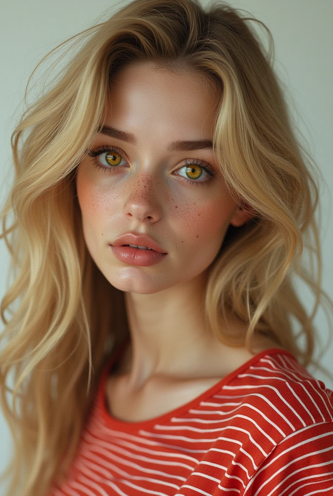 Beautiful woman with long curly blonde hair, yellow eyes, long nose and freckles wearing a red striped t-shirt