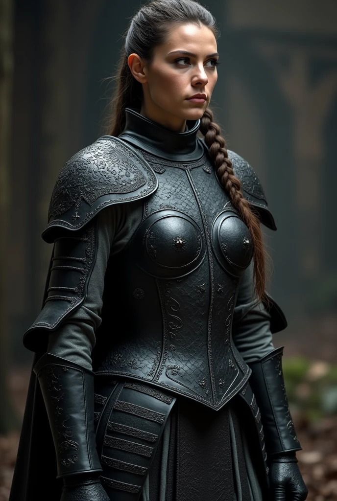 beautiful western europe warrior woman wearing black leather armor covering her whole body and limbs with insanely detailed and intricate with hypermaximalist embossed pattern, gray inner clothing, tight inner clothing, regular-sized shoulder guard, no helmet, flat chest armor, battle-ready pose, super detailed, cinematic light, fantasy, 3/4 photo shot, from above head to knee viewframe