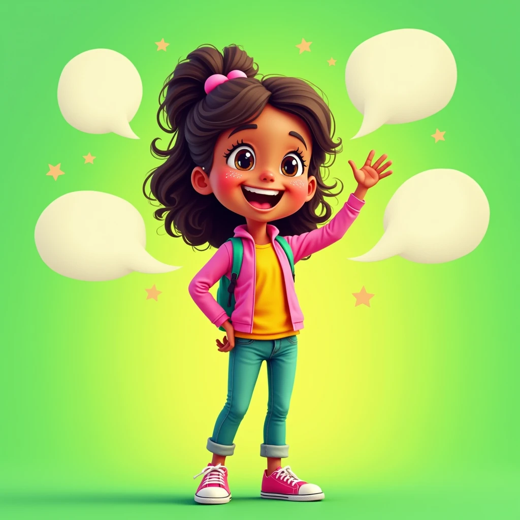 In this illustration, a smart and cheerful young girl stands in front of a bright green background. She is dressed in vibrant clothing that complements the lively setting. Her face is lit up with a wide smile, sparkling eyes, and an expression of excitement and confidence. Her right hand is raised, as if she's enthusiastically explaining something. Surrounding her are additional visual elements such as speech bubbles or educational icons that represent the topic she is discussing, enhancing the impression of her cheerfulness and intelligence.