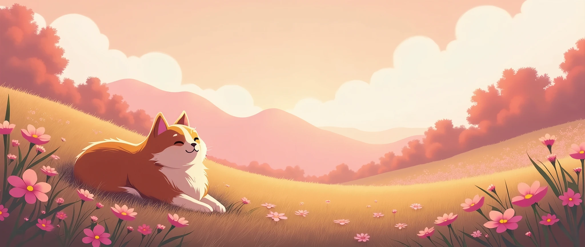 Cat, Cozy Anime ,Lofi ,Ultrawide ,Ghibli vibes , Wide view ,Flower, Pink color tones ,landscape