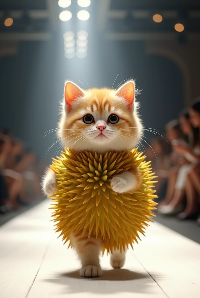 (photorealism:1.2), cute cat wearing durian dress walking on the runway