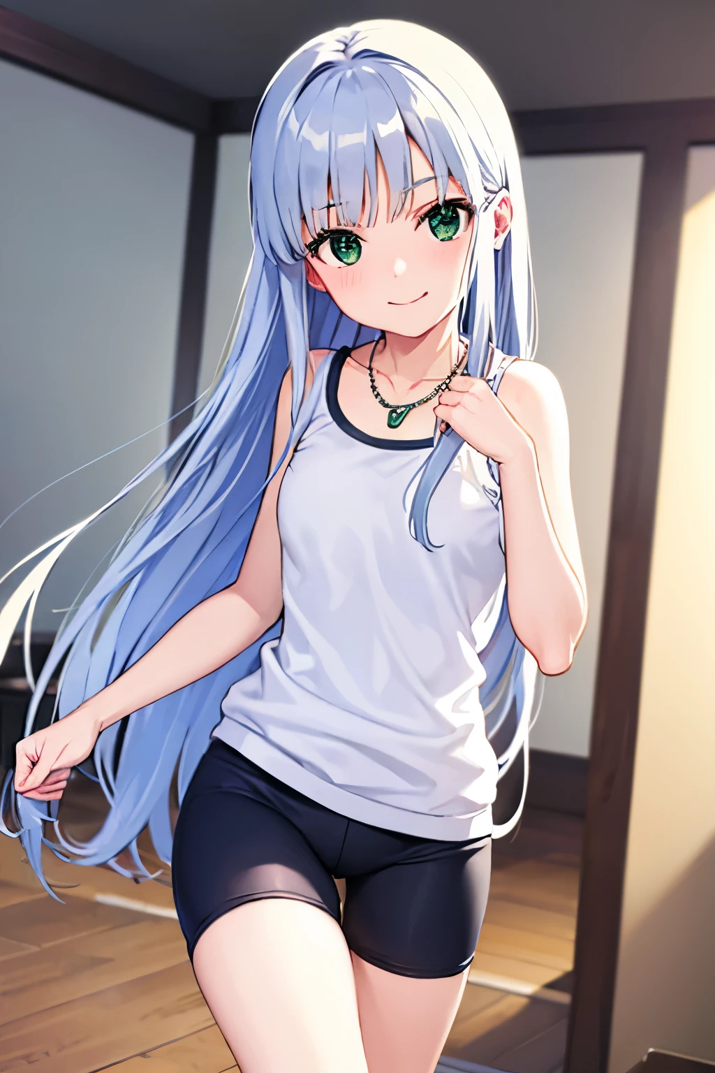 Long silver hair, green eyes, headband, necklace, gym clothes, bloomers, smile, beautiful thighs, inside house, raise leg