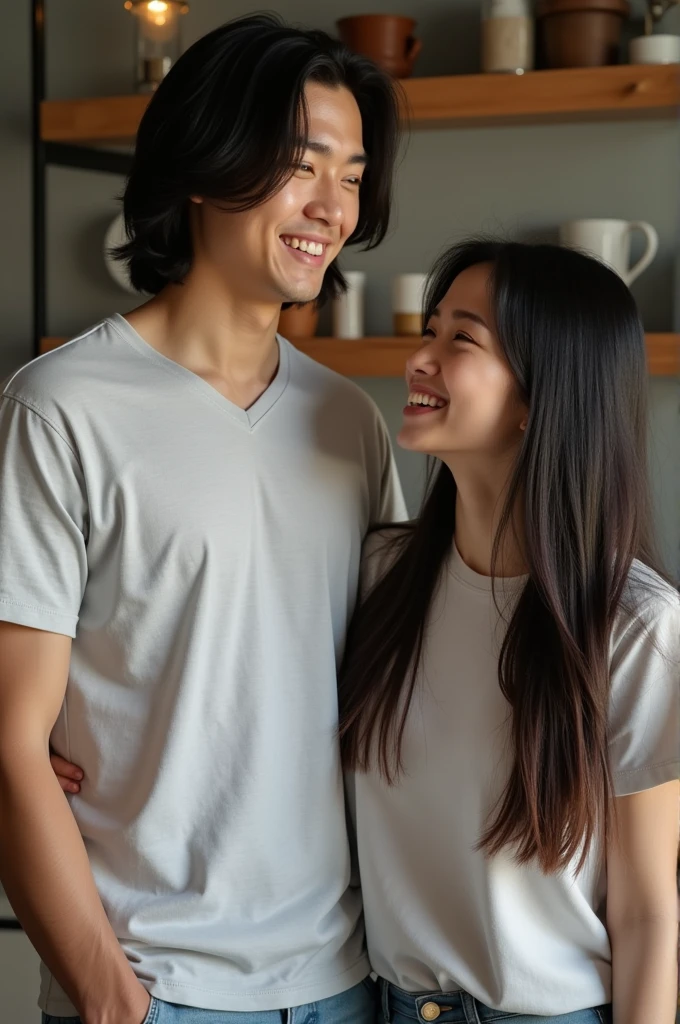 photorealistic, taken with the best professional camera, tall Mexican young man, shoulder length hair, and beautiful young Asian woman, her hair is very straight and long ( they wear simple casual clothing)