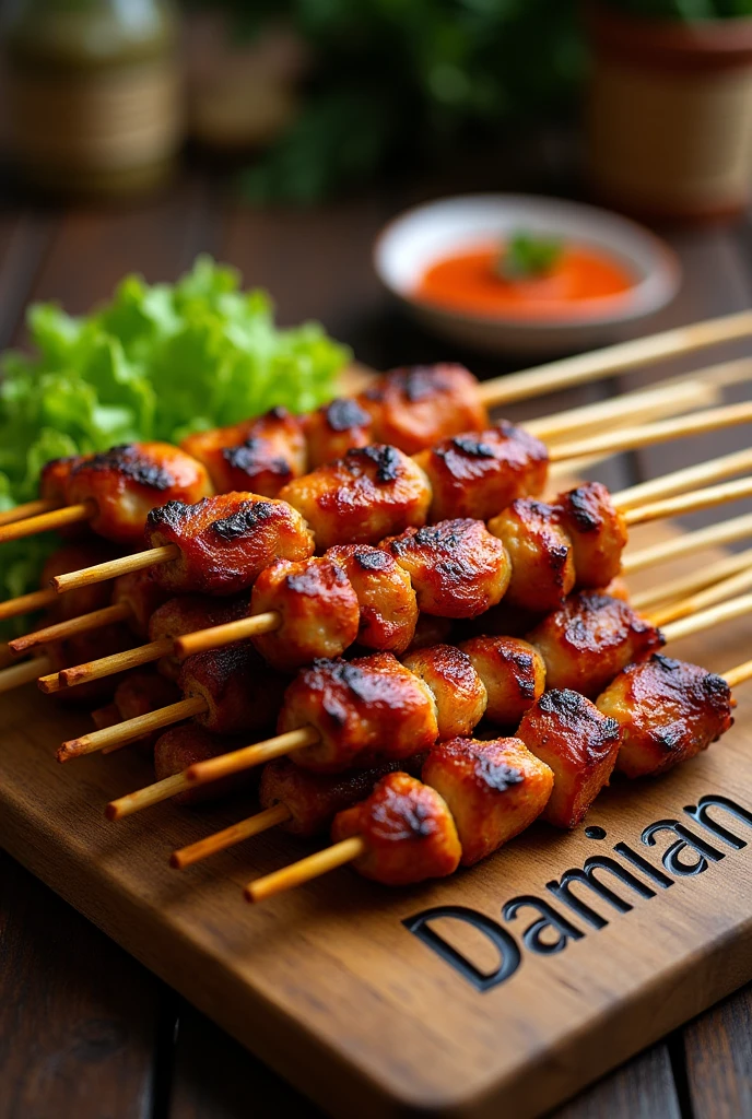 large portion of sate ayam in a table carved "DAMIAN"