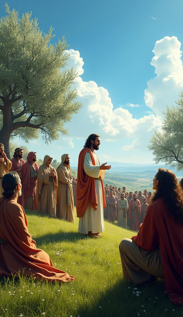 The Sermon on the Mount: A large crowd gathered on a grassy hillside in Judea, with Jesus standing at the center, speaking passionately. The landscape is lush with olive trees, and the sky is a vivid blue. People of various ages and appearances listen intently, some sitting, others standing.