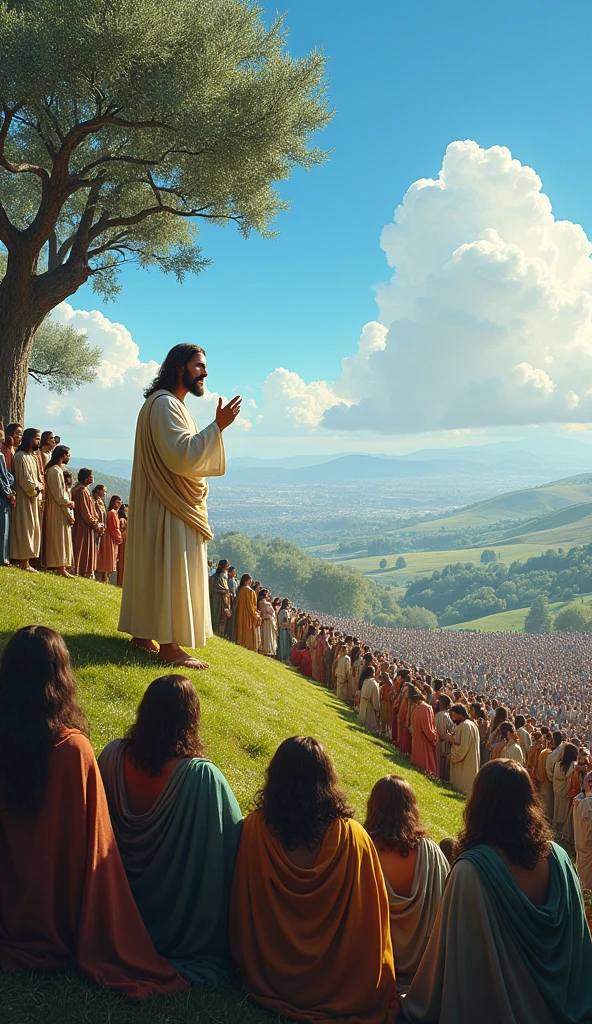 The Sermon on the Mount: A large crowd gathered on a grassy hillside in Judea, with Jesus standing at the center, speaking passionately. The landscape is lush with olive trees, and the sky is a vivid blue. People of various ages and appearances listen intently, some sitting, others standing.