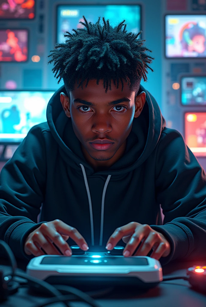Profile of a young, overpowered black gamer with a hoodie and modern gadget in front of his screen in a hyper-equipped manga-style room