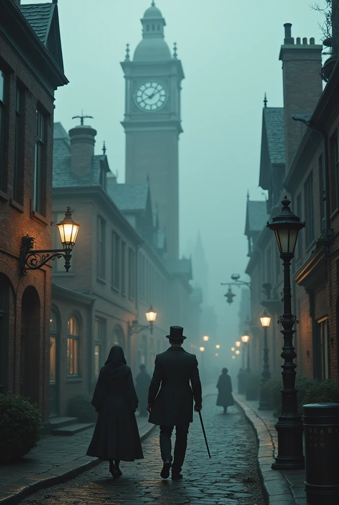A small Victorian town, dark and misty steampunk 