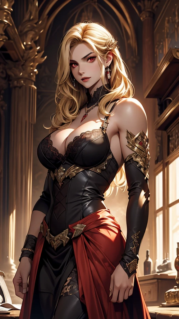 Create a book cover in the style of the game Chapters, with semi-realistic visuals. Show a stylish vampire, with a slim and curvy body, pale skin and long, wavy black hair. She has glowing red eyes and wears a dark gothic dress with silver details.. from beside, a girl with an athletic physique, shoulder length blonde hair and surprised expression. The background is an ancient and mysterious castle with soft and dramatic lighting., highlighting the tension between the two characters.