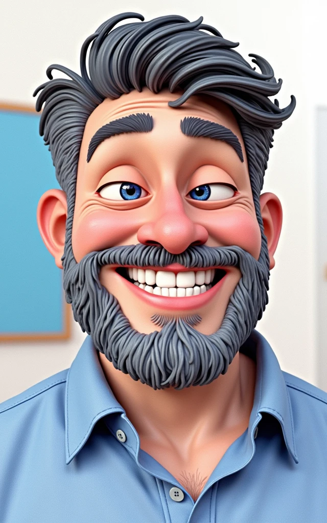 Cartoon character of a bearded, slightly chubby Caucasian man in a blue shirt, smiling, with gray beard strands and slightly closed eyes when smiling, animation character, Stylized character, animation style rendering, stylized 3D, Image rendering Arnold Maya, Stylized 3D Rendering, toon render screenshot, 3D Character, 3D Character, Stylized 3D Rendering, 3D Character Rendering, cartoon character, Closeup Character, Character Pose, (Pixar Style) (part master:1.2) (Bokeh) (best quality) (detailed skin) (detailed texture) (8K) (clay) (cinematic lighting) (sharp focus