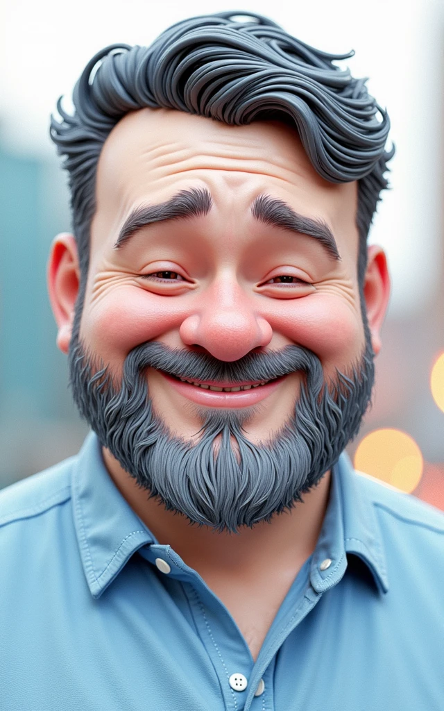 Cartoon character of a bearded, slightly chubby Caucasian man in a blue shirt, smiling, with gray beard strands and slightly closed eyes when smiling, animation character, Stylized character, animation style rendering, stylized 3D, Image rendering Arnold Maya, Stylized 3D Rendering, toon render screenshot, 3D Character, 3D Character, Stylized 3D Rendering, 3D Character Rendering, cartoon character, Closeup Character, Character Pose, (Pixar Style) (part master:1.2) (Bokeh) (best quality) (detailed skin) (detailed texture) (8K) (clay) (cinematic lighting) (sharp focus