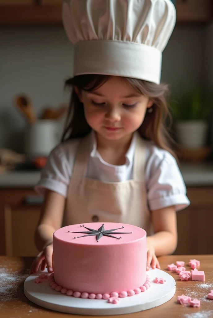 A girl make a compass design dark
 pink colour simple one layer  cake.she wear the chef hat

