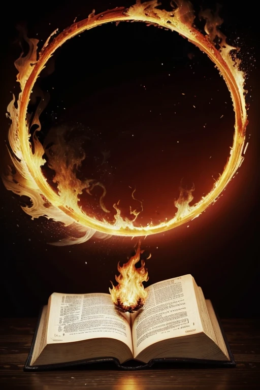 flames of fire on the side rising to the sky forming almost a circle. bible in the middle and a hand coming down, red arabesque with golden edges