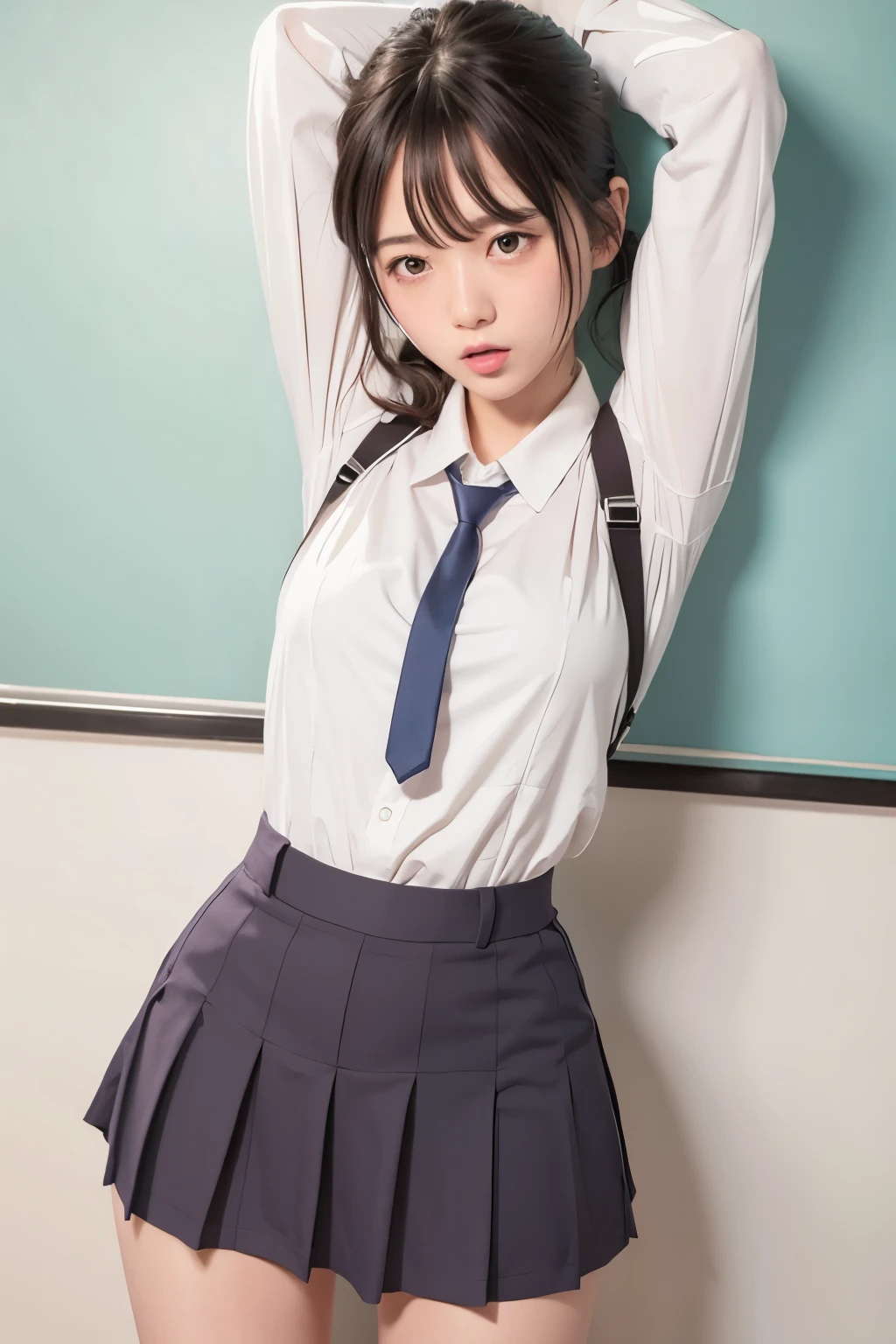 (masterpiece, best quality:1.2), a hyperrealistic schoolgirl, solo, 1girl, yukinoshita yukino, (shiny skin, wet skin:1.2), sweating, slight smile, looking at viewer, on all fours, school uniform, white shirt, plaid skirt, thighhighs, afternoon, classroom hyperrealistic schoolgirl